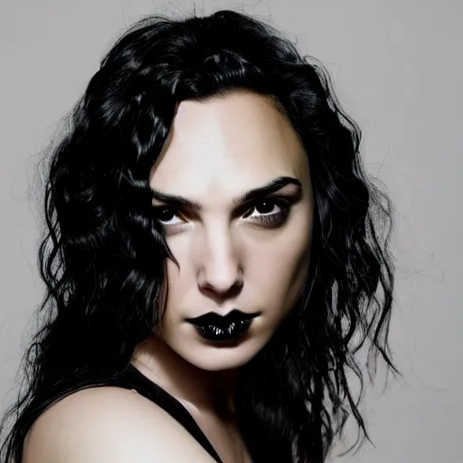 Image similar to gal gadot as a goth woman, eye piercings, close up shot, black hair on right half, white hair on left half, pale skin, sensual, beautiful soft light failling on her face, studio photography, nikon 3 5 mm portrait photography, ultra realistic