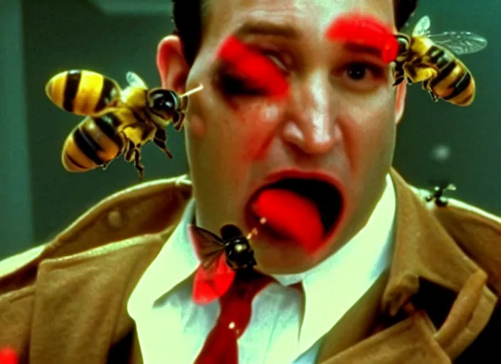 Image similar to film still of ted cruz as the candyman with bees coming out of his mouth in candyman 1 9 9 2