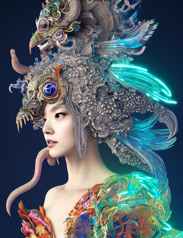 Image similar to 3 d goddess close - up profile portrait with crown, ram skull. beautiful intricately detailed neon japanese crow kitsune mask and clasical japanese kimono. betta fish, jellyfish phoenix, bio luminescent, plasma, ice, water, wind, creature, artwork by tooth wu and wlop and beeple and greg rutkowski