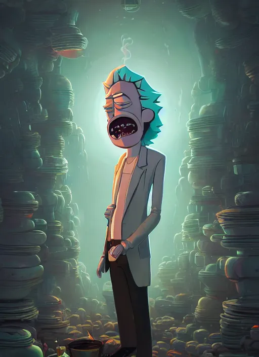 Prompt: fantasy portrait of drunk alcoholic rick from rick & morty, intricate abstract. intricate artwork, by greg rutkowski, wlop, beeple, dan mumford. concept art, octane render, trending on artstation, greg rutkowski very coherent symmetrical artwork. cinematic, key art, hyper realism, high detail, octane render, 8 k, iridescent accents