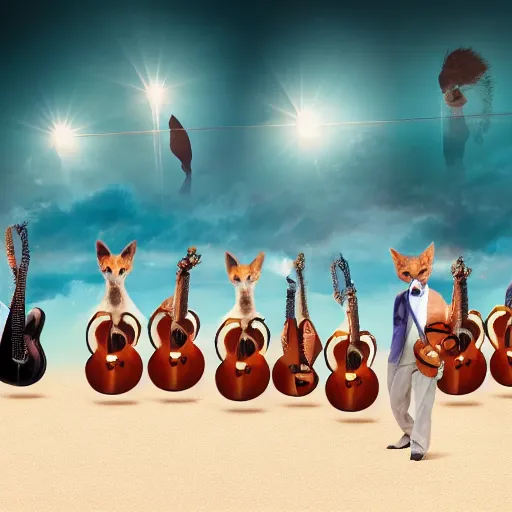 Image similar to photorealistic music album cover, with foxes animals dressed in suits, holding guitars, on a beach, all looking at camera, studio lighting, award winning photograph, 8 5 mm f / 1. 4