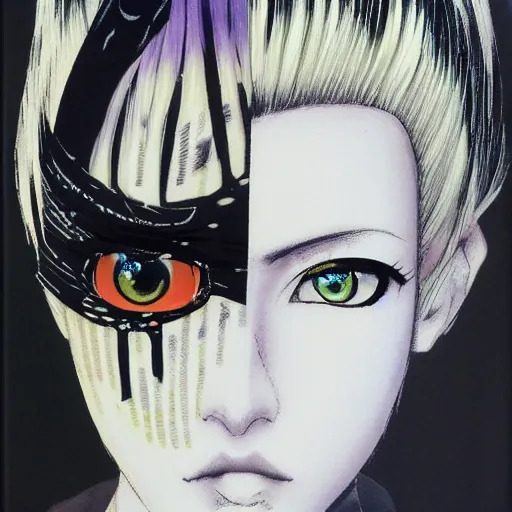 Image similar to Yoshitaka Amano style portrait of an anime girl with short white hair and eyepatch wearing suit with patterns, abstract black and white background, film grain effect, highly detailed, oil painting