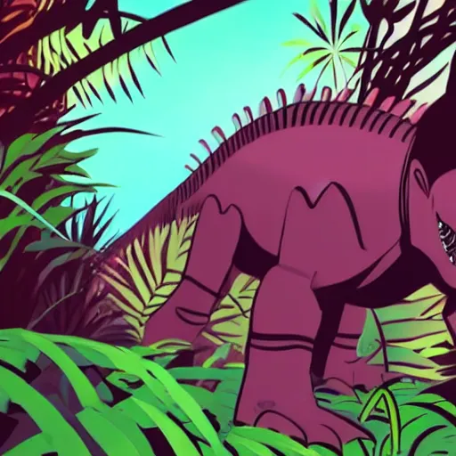 Image similar to tyrannosaurus in the jungle, genndy tartakovsky, samurai jack