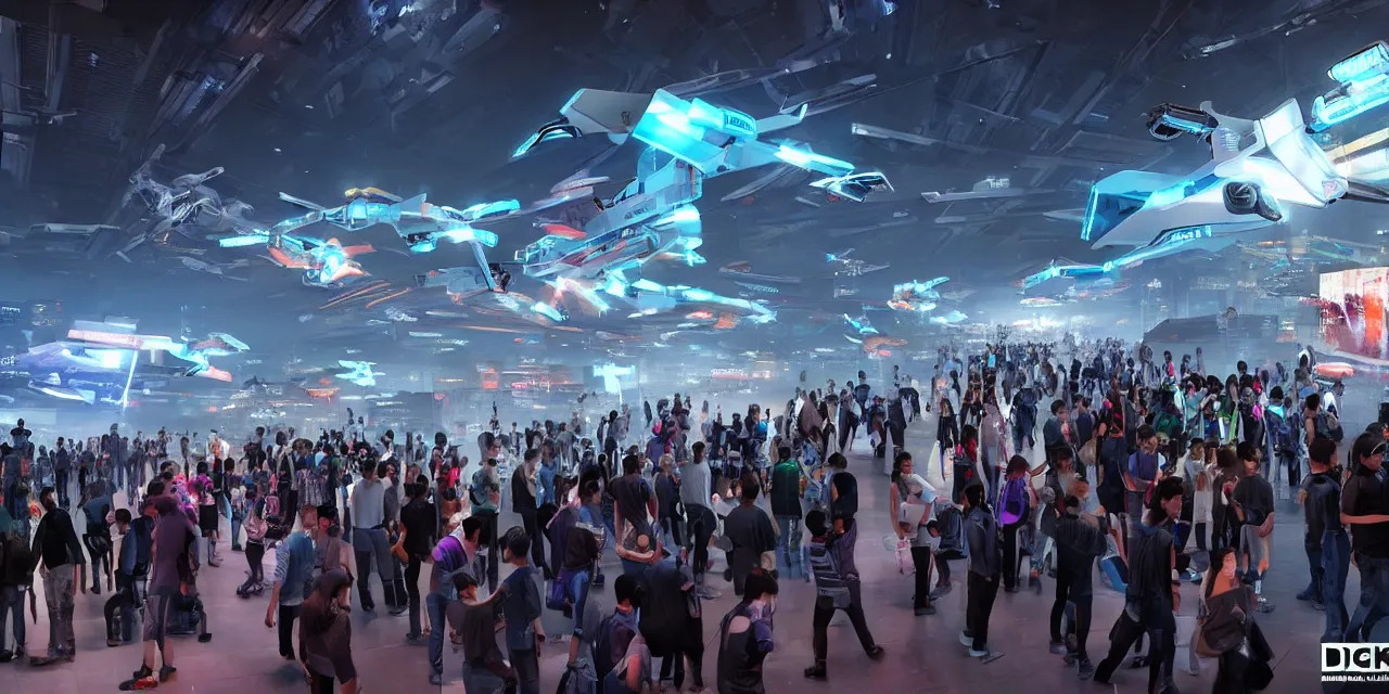 Image similar to cyberpunk exhibition full of hundreds of different hovercars, crowd watching and walking around exhibition site, enthusiastic spectators watching the race of flying vehicles in background, in the year 3 0 0 0, very high details, volumetric fog, raytracing, back light, raymarching, by ilm, by digital domain, by weta digital