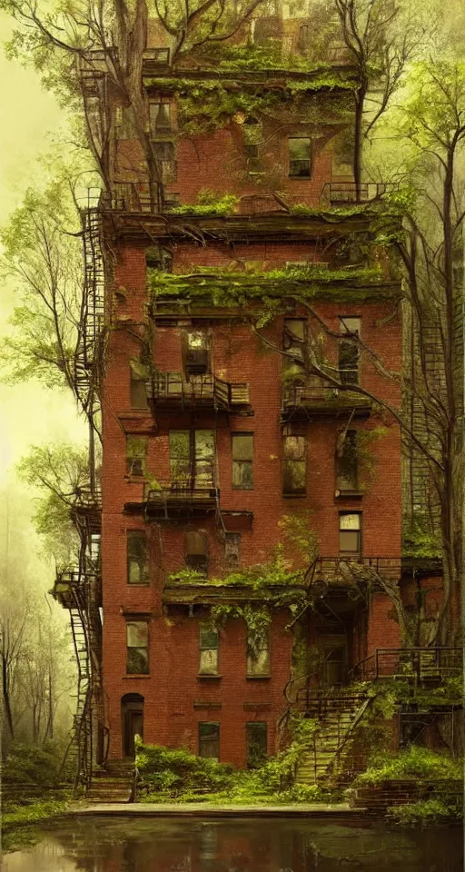 Image similar to (((((a ramshackle manhattan brick brownstone deep in the forest, completely overgrown))))) by Max Maximov!!!!!!!!!!!!!!!!!!!!!!!!!!!