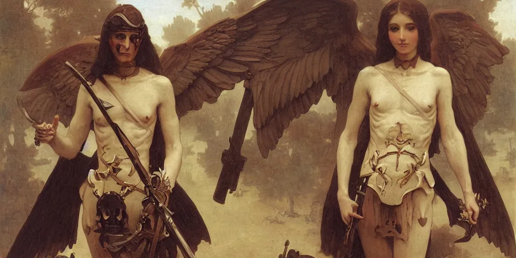 Image similar to portrait of a skeleton soldiers in the middle world, wearing helmets with wings, wearing european style armor, holding a sword in both hands, symmetrical, solemn, sacred, aura, by bouguereau