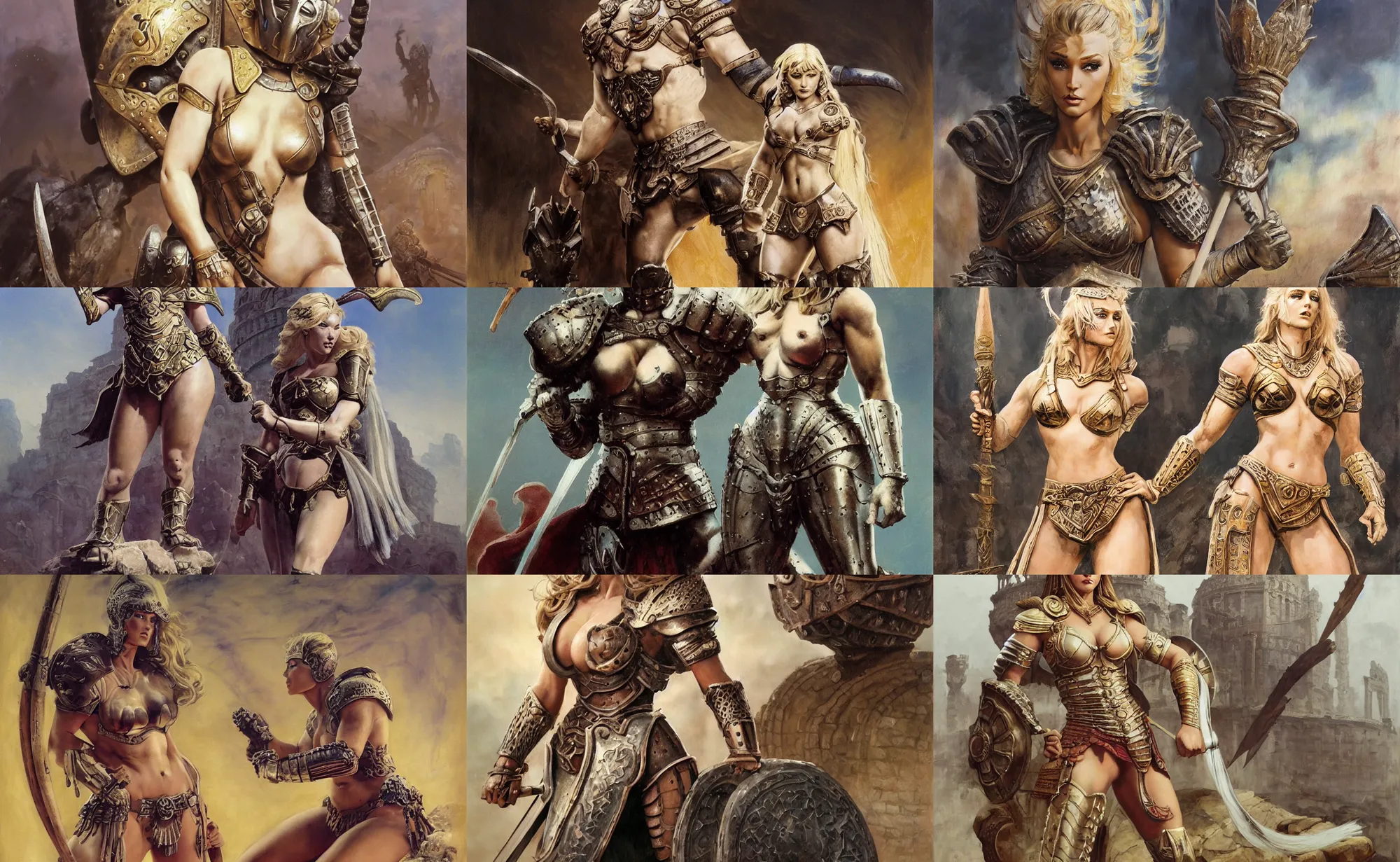 Prompt: A mixed media painting of a beautiful blonde woman warrior in a coliseum, gladiator armor, very aesthetic, curvy, detailed face and eyes, by Frank Frazetta, Boris Vallejo, Greg Rutkowski, Beeple, Yoko Taro, Christian MacNevin, epic fantasy character art, roman numerals, high fantasy, CGsociety, full length, exquisite detail, post-processing, masterpiece, cinematic, coliseum backdrop