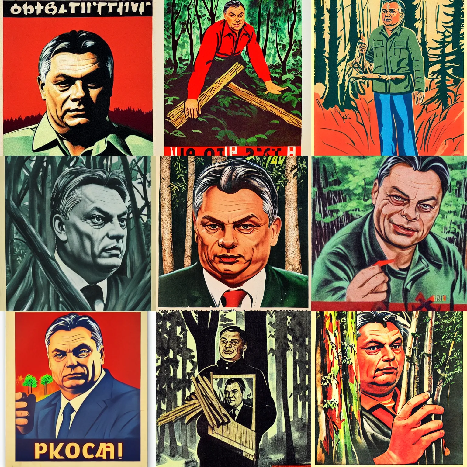 Prompt: soviet propaganda poster of viktor orban in a forest, highly detailed face, holding a wood piece, sovietwave