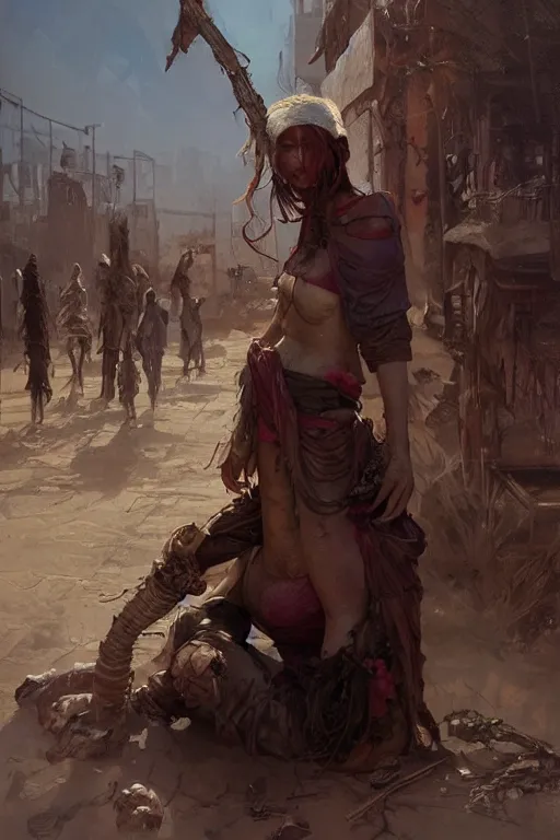 Image similar to a full body portrait of a beautiful post apocalyptic offworld artisans district bedouin blind pulp fiction scarlet wild rogue barbarian leper begging by the roadside, intricate, elegant, highly detailed, digital painting, artstation, concept art, smooth, sharp focus, illustration, art by krenz cushart and artem demura and alphonse mucha