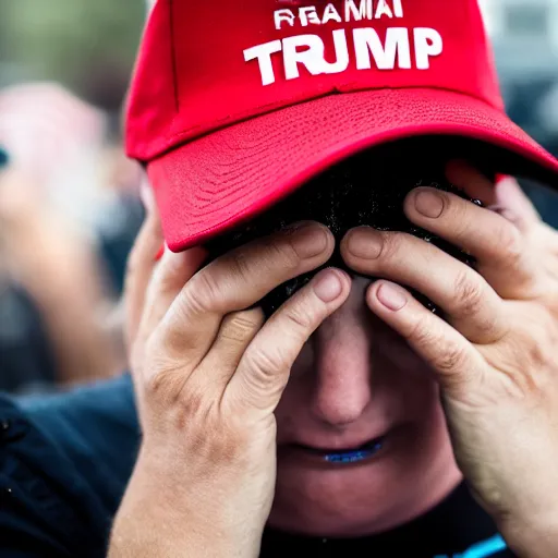 Prompt: photo still of a trump supporter crying, soaked in tears, mascara running down, street photography, maga hat, canon 7 0 - 2 0 0 mm lens f 2. 8