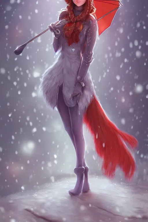 Prompt: a fox princess holding an umbrella, snow, backlighting, trending on artstation, digital art, furry art, trending on furaffinity, fantasy art