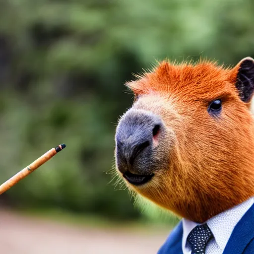 Image similar to an antropomorphic capybara wearing a suit smoking a cigar