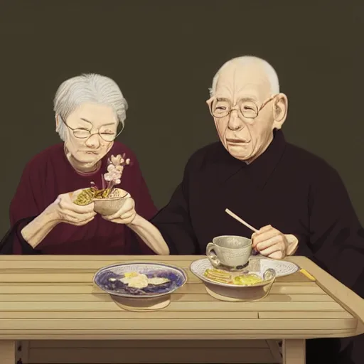 Image similar to very elderly couple tenderly feeding each other eating crayons tenderly feeding each other crayons, in the style of kawase hasui james jean, artstation trending, 8 k, 3 d render, photorealistic, volumetric lighting caustics, black and white, detailed af