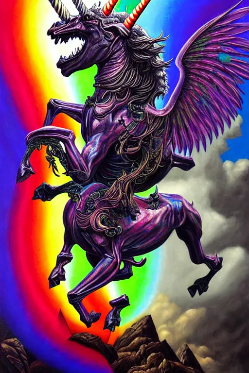 Prompt: a hyperrealistic painting of an epic boss fight against a rainbow shaded unicorn vs an ornate supreme dark overlord, cinematic horror by chris cunningham, lisa frank, richard corben, highly detailed, vivid color,