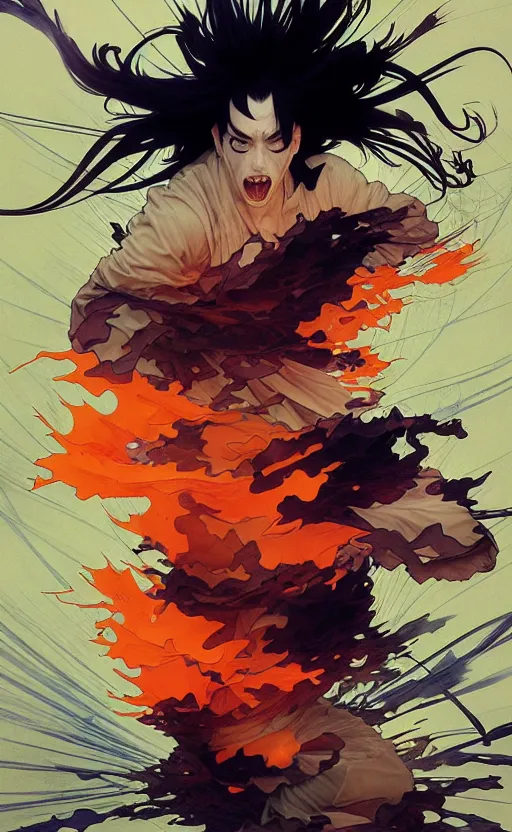 Image similar to a mad guy with spike black hair, orange spike aura in motion, damaged japanese clothes, floating pieces, painted by art by tsuyoshi nagano, greg rutkowski, artgerm, alphonse mucha