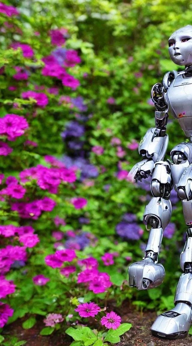 Prompt: toy robot in a garden, hyper detailed, sharp focus, bokeh, unreal engine, ray tracing, cute, fantasy, sci fi, purple flowers, tiny, small, hyper realistic