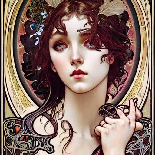 Prompt: realistic detailed face portrait of Lilith by Alphonse Mucha, Ayami Kojima, Amano, Karol Bak, Greg Hildebrandt, and Mark Brooks, Art Nouveau, Neo-Gothic, gothic, rich deep colors