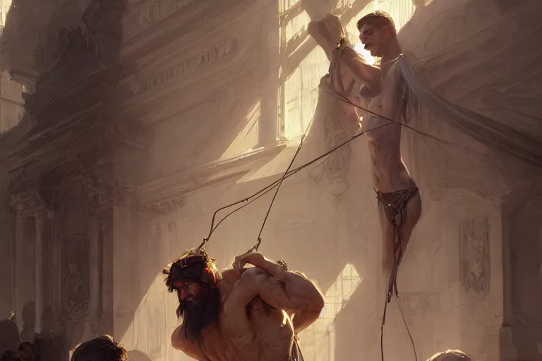 Image similar to a man tied to a pillar, highly detailed, hyperrealistic digital painting, artstation, concept art, smooth, sharp focus, illustration, cinematic lighting, art by artgerm and greg rutkowski and alphonse mucha