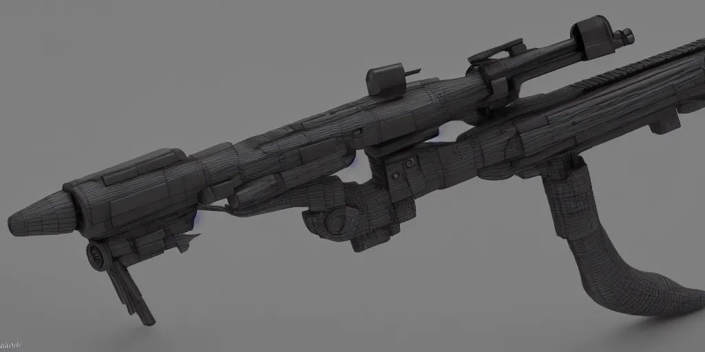 Prompt: photography of a futuristic rifle designed by dieter rams and neill blomkamp and aaron de leon concept art, 3 d, maya, blender, octane render, realistic, sharp focus