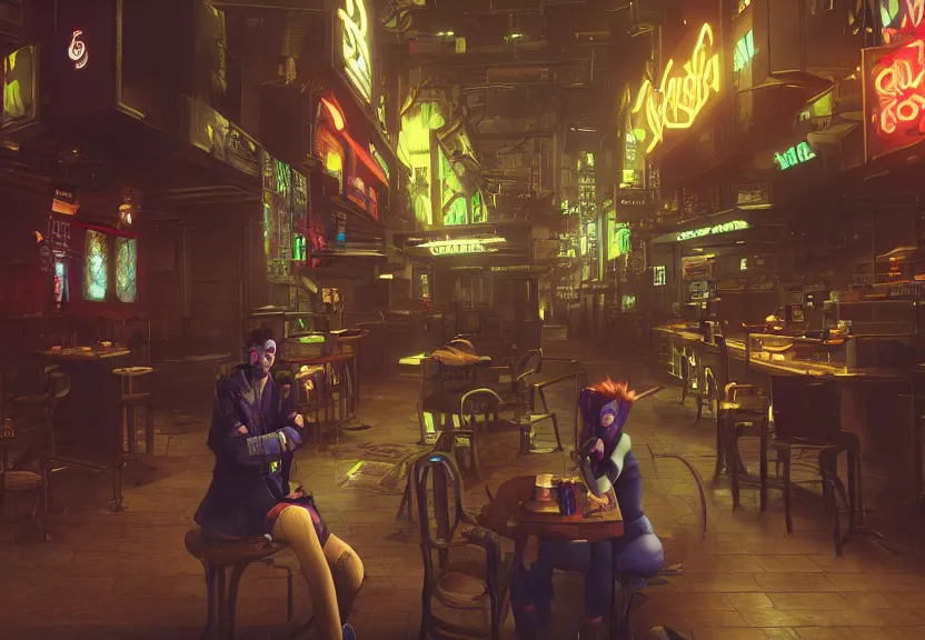 Image similar to a smug male goblin punk sitting in a cafe in a cyberpunk city, sharp focus, highly detailed face, 8k, unreal engine 5, cinematic lighting, vivid elegant fantasy concept art, character art, stern neon atmosphere, artstation, deep complimentary colors, volumetric lighting, photorealistic, hyperdetailed 3D matte painting, hyperrealism, hyperrealistic masterpiece