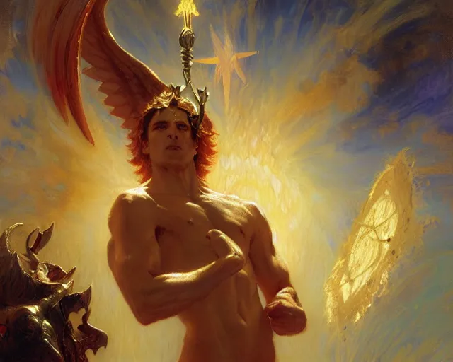 Image similar to attractive male deity, casting demonic magic, summoning handsome lucifer morning star. highly detailed painting by gaston bussiere, craig mullins, j. c. leyendecker 8 k