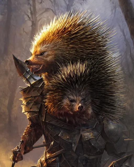 Image similar to Porcupine in armor, portrait, woodlands, magic the gathering artwork, D&D, fantasy, cinematic lighting, centered, symmetrical, highly detailed, digital painting, artstation, concept art, smooth, sharp focus, illustration, volumetric lighting, epic Composition, 8k, art by Akihiko Yoshida and Greg Rutkowski and Craig Mullins, oil painting, cgsociety