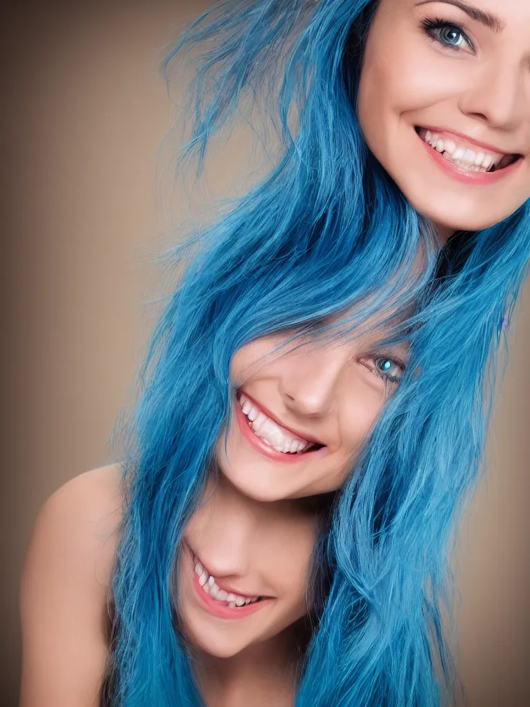 Prompt: Portrait of a woman with blue hair smiling, ultra-realistic, HD, headshot