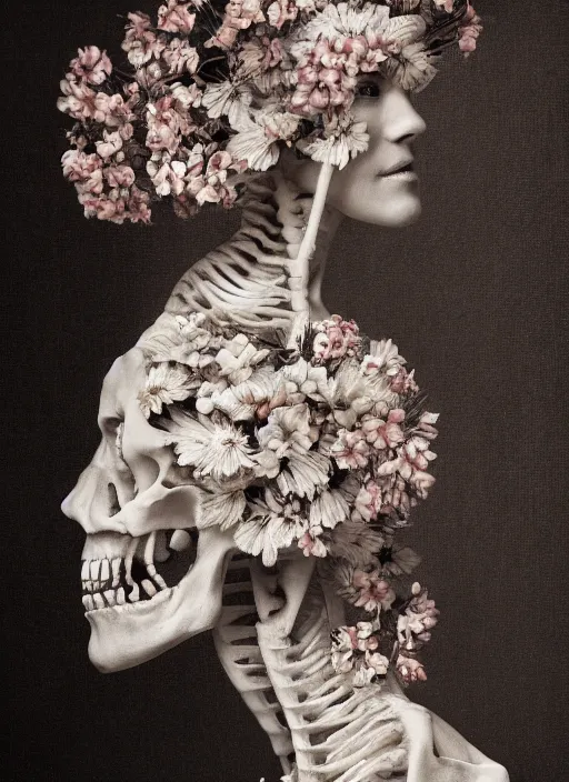 Prompt: a woman's face in profile, made of flowers skeleton, in the style of the Dutch masters and Gregory Crewdson, dark and moody