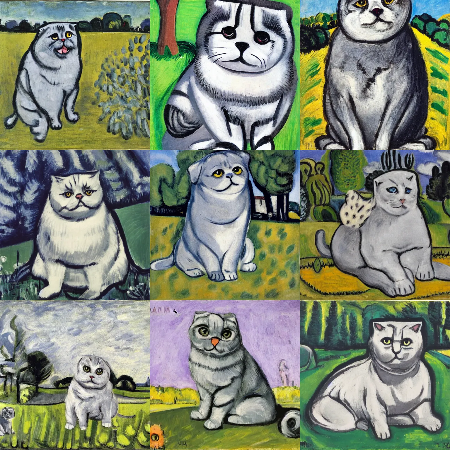 Prompt: fat grey scottish fold sitting in the middle of sunny meadow, by Max Beckmann