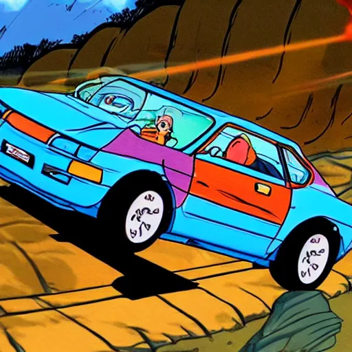 Image similar to scooby doo professionally drifting a nissan pulsar through windy roads in the hills, drawn anime style