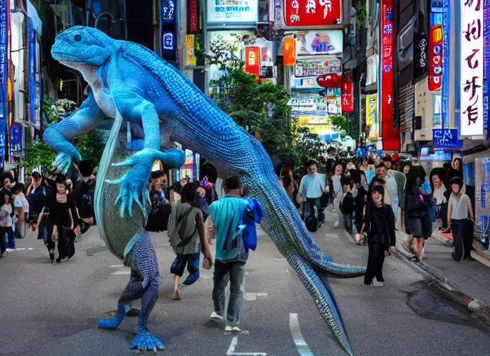 Image similar to reptilian aliens stepping out of a blue portal in a busy japanese street, award winning photo