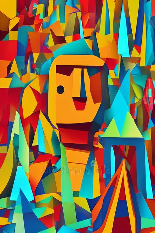 Image similar to cubist moai statue cutout digital illustration cartoon colorful beeple