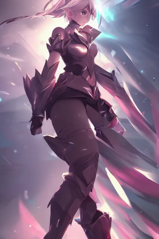 Image similar to pretty armored anime girl in a dynamic pose, fullbody art, in the style of league of legends, character concept art, by WLOP