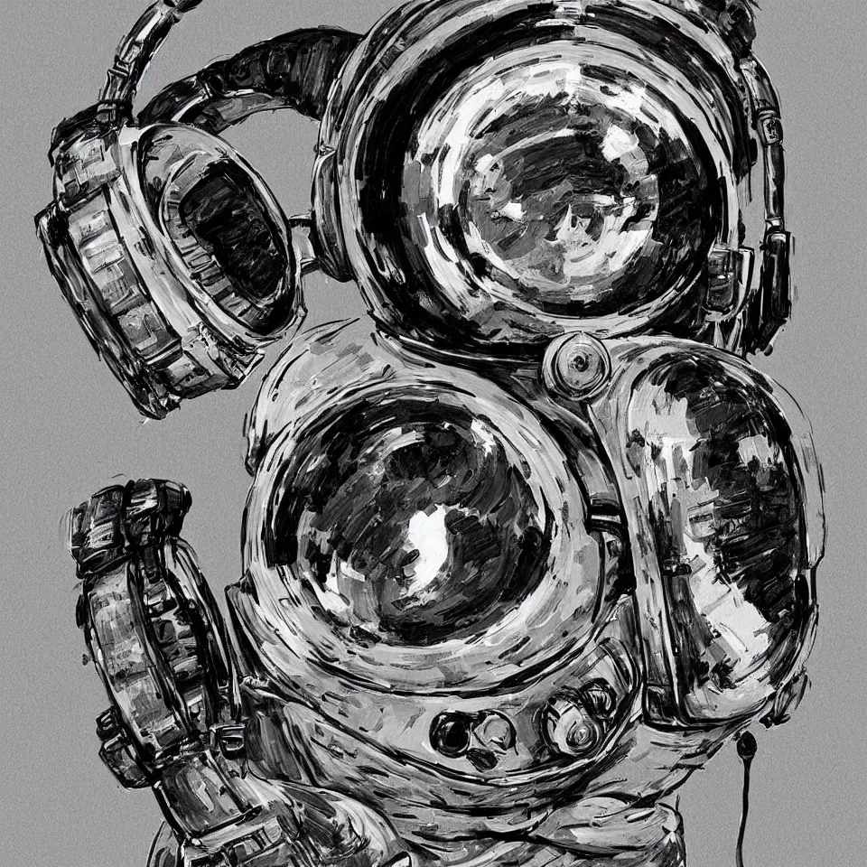 Image similar to a detailed single astronaut helmet wearing a headphone by will eisner, digital painting, digital art, beautiful, dynamic lighting, cinematic, epic composition, masterpiece