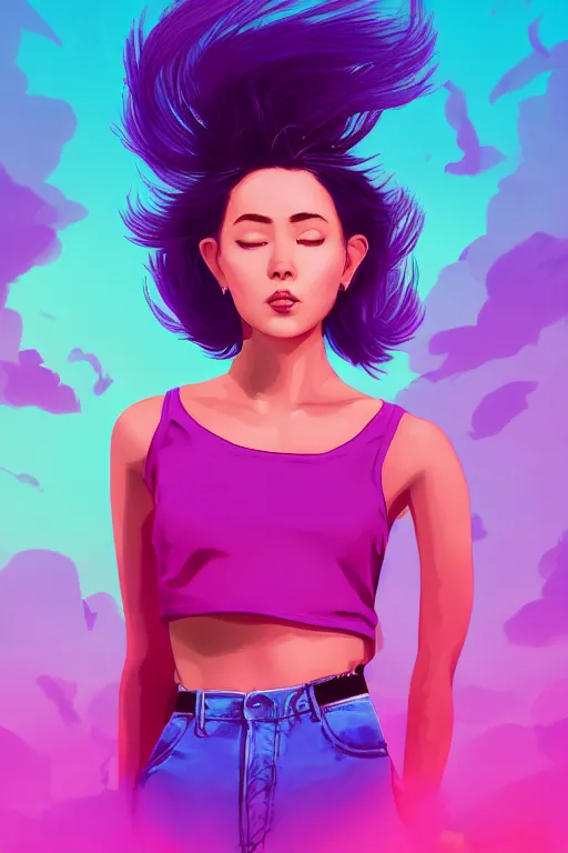 Image similar to a award winning half body porttrait of a beautiful woman in a croptop with ombre purple pink teal hairstyle with head in motion and hair flying, outrun, vaporware, shaded flat illustration, digital art, trending on artstation, highly detailed, fine detail, intricate