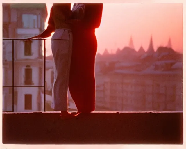 Image similar to lomo photo of pair standing on small hrushevka balcony full with cigarette smoke in small russian town at sunset, cinestill, bokeh