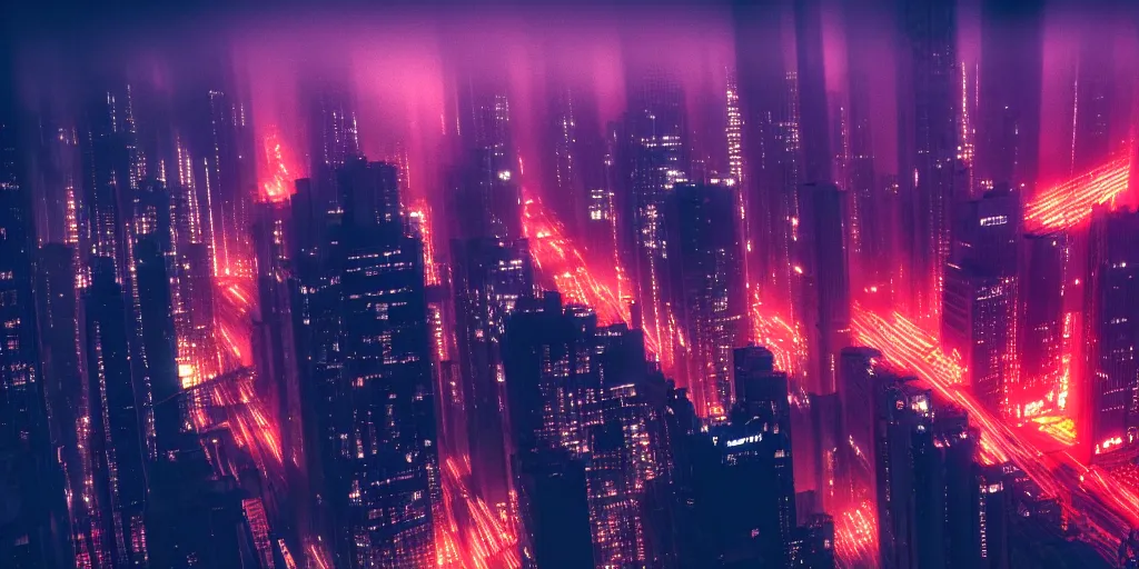 Image similar to megacity streets seen from above, neon signs, giant screens, eerie fog, blade runner, ex machina