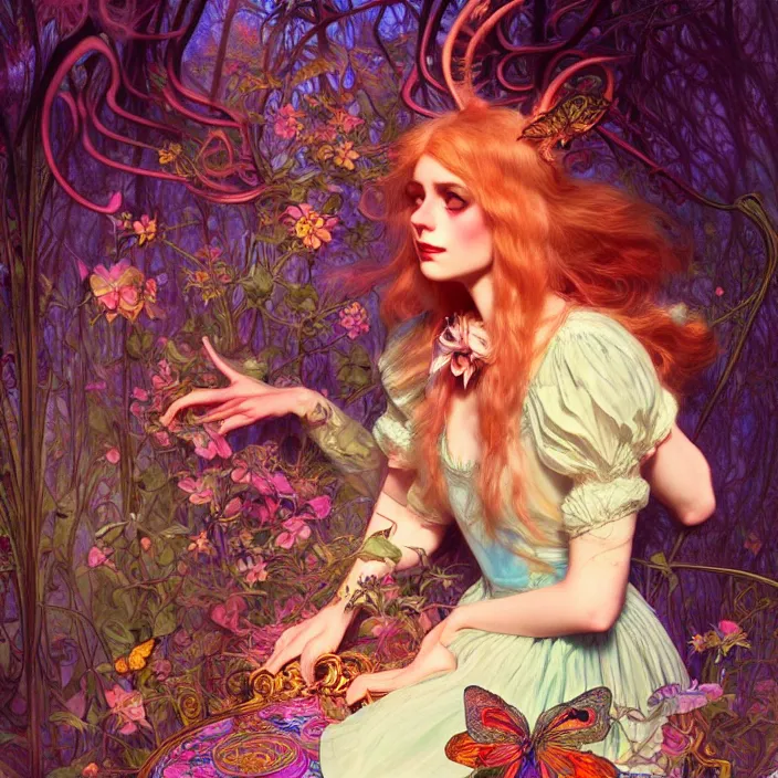 Image similar to psychedelic alice in wonderland , diffuse lighting, fantasy, intricate, elegant, highly detailed, lifelike, photorealistic, digital painting, artstation, illustration, concept art, smooth, sharp focus, art by John Collier and Albert Aublet and Krenz Cushart and Artem Demura and Alphonse Mucha