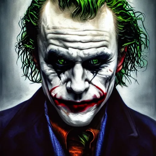 Image similar to cinematic portrait of heath ledger as the joker, perfect face, neon rain, moody, elegant, by alyssa monks, highly detailed, symmetrical face, fine details, masterpiece, trending on artstation