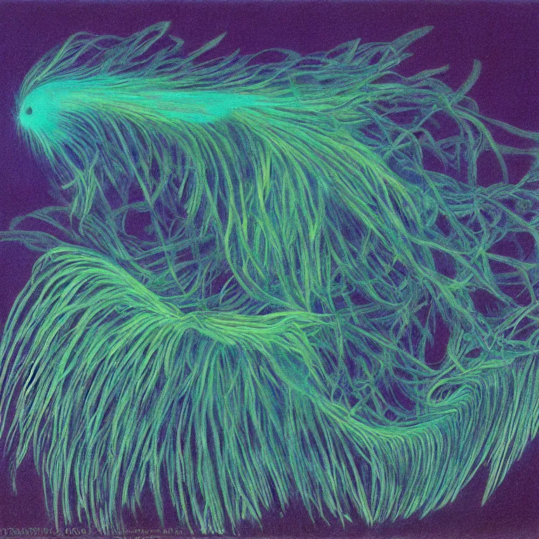 Prompt: Hyperrealistic intensely colored studio Photograph portrait of a deep sea bioluminescent Electric Feather Worm shocking its prey deep underwater in darkness long exposure, award-winning nature deep sea chalk pastel by Audubon and Zdzisław Beksiński vivid colors hyperrealism 8k