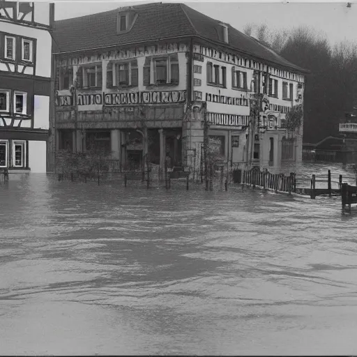 Image similar to stereoscopic image of a small german town being flooded