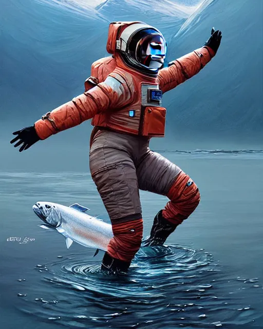 Image similar to a female astronaut catching salmon in alaska, real life skin, intricate, highly detailed, artstation, concept art, smooth, sharp focus, art by artgerm and greg rutkowski