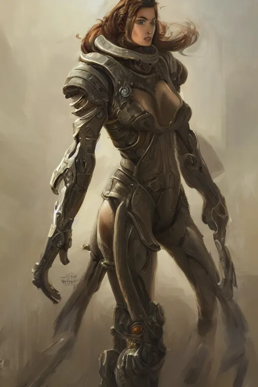 Prompt: a professional painting of an attractive young female clothed in military armor, olive skin, long dark hair, beautiful bone structure, symmetrical facial features, intricate, elegant, digital painting, concept art, smooth, sharp focus, illustration, from StarCraft by Ruan Jia and Mandy Jurgens and Artgerm and William-Adolphe Bouguerea