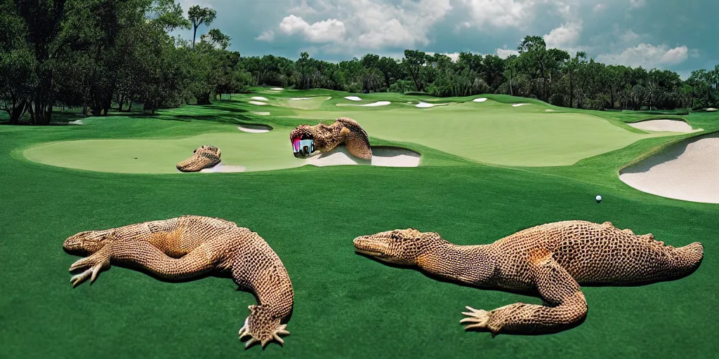 Image similar to a great photograph of the most amazing golf hole in the world, covered with aligators, beautiful ambient light, golf digest, top 1 0 0,