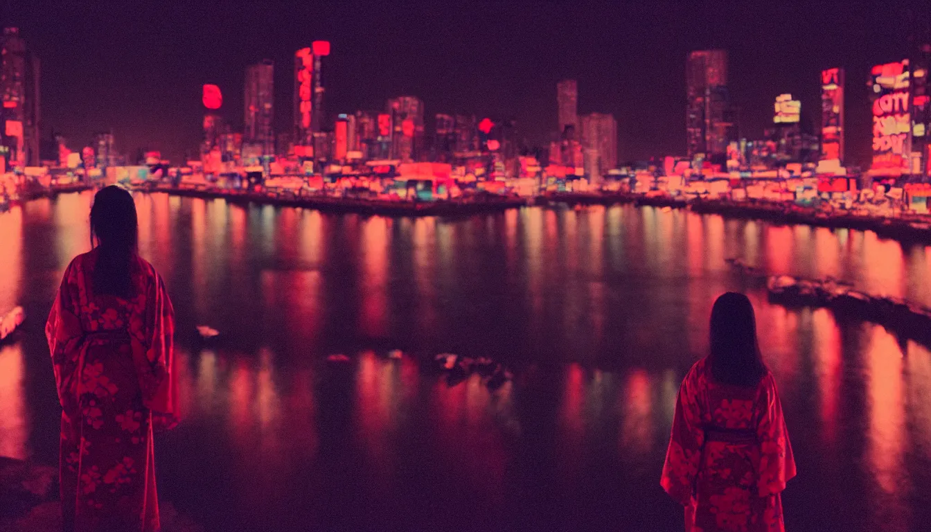 Image similar to 80s neon movie still with a lonely woman in a kimono standing by a river at night with city lights in front of her. She is looking at the city. hyperrealistic, high definition, medium format photography, highly detailed, technicolor, anamorphic 50mm lens