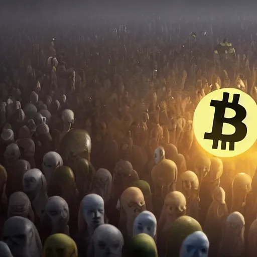 Prompt: landscape of crowd running away scared from a giant with bitcoin face, artstation, highly detailed, hyper-realistic, 8k