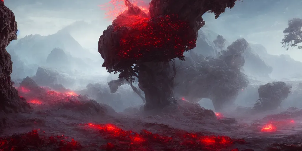 Image similar to a epic landscape full of big red crystals emerging from the ground, concept art, octane render, unreal engine 5, trending on artstation, greg rutkowski, hyperrealistic, highly detailed, high quality, 8 k, dramatic lighting, cinematic, high coherence, high contrast, digital art, high definition, path traced, night