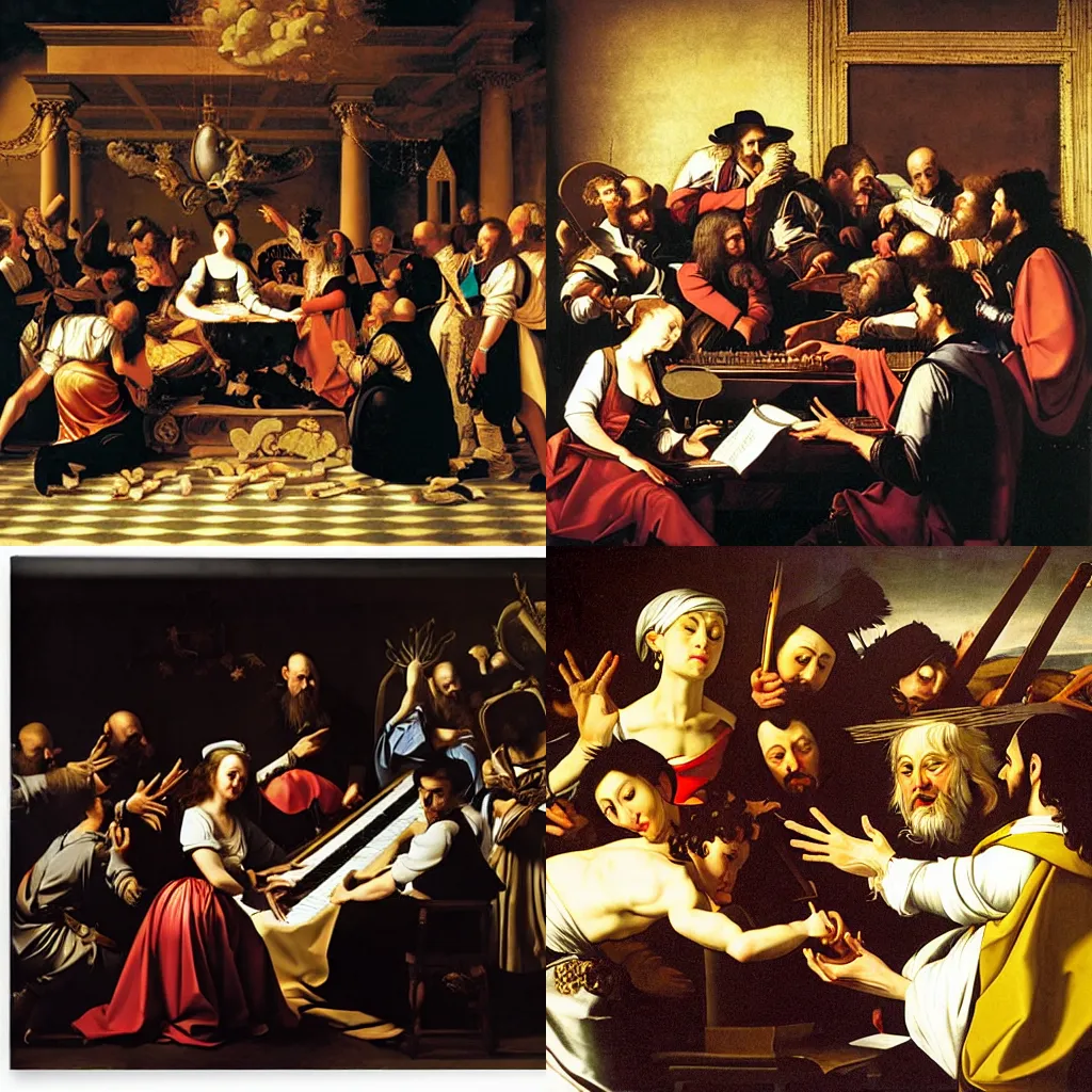 Prompt: baroque synthesizer party, baroque painting by caravaggio
