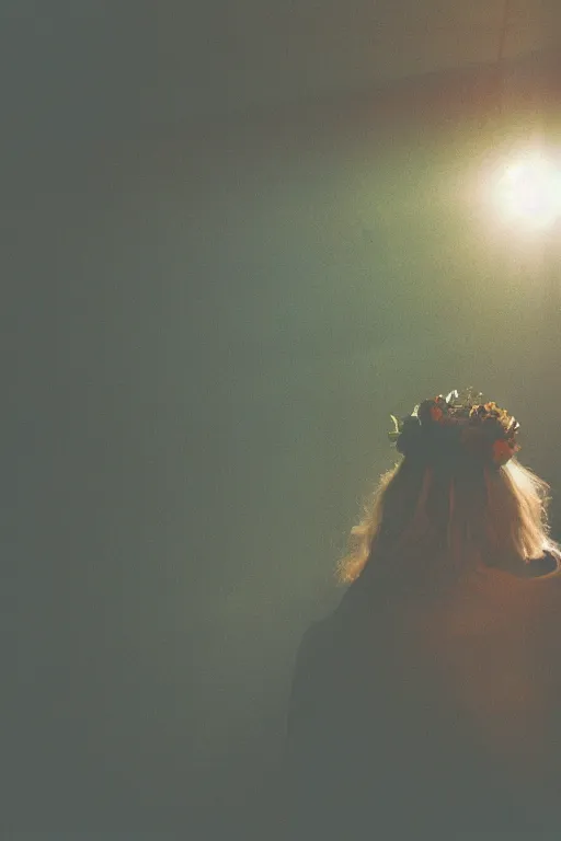 Prompt: agfa vista 4 0 0 photograph of a guy standing in a cluttered 9 0 s bedroom, flower crown, back view, lens flare, moody lighting, moody vibe, telephoto, 9 0 s vibe, blurry background, grain, tranquil, calm, faded!,