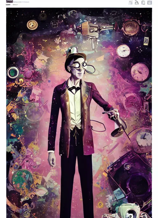 Image similar to arrogant elegant man travels through time via steampunk portals, pixiv fanbox, dramatic lighting, maximalist pastel color palette, splatter paint, pixar and disney exploded - view drawing, graphic novel by fiona staples and dustin nguyen, peter elson, alan bean, wangechi mutu, clean cel shaded vector art, trending on artstation